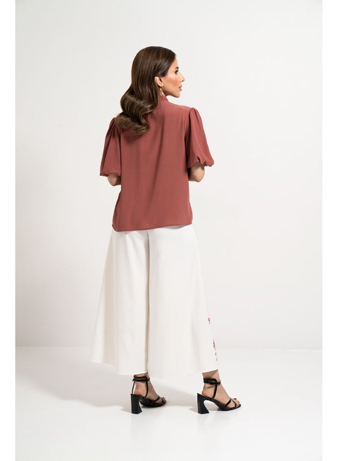 RINA - Knotted Strap Puff Sleeve Blouse Brown - Image 1