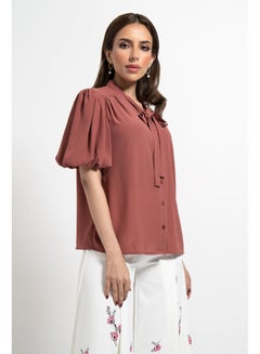 Knotted Strap Puff Sleeve Blouse Brown