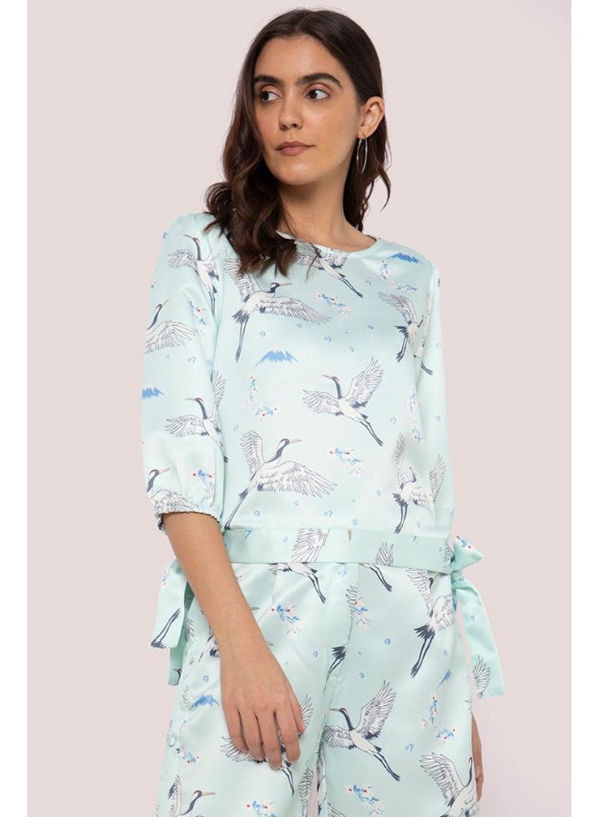 بلوايج بلوزة بأكمام طويلة مزينة بطبعة بالكامل أزرق/رمادي - Image 1