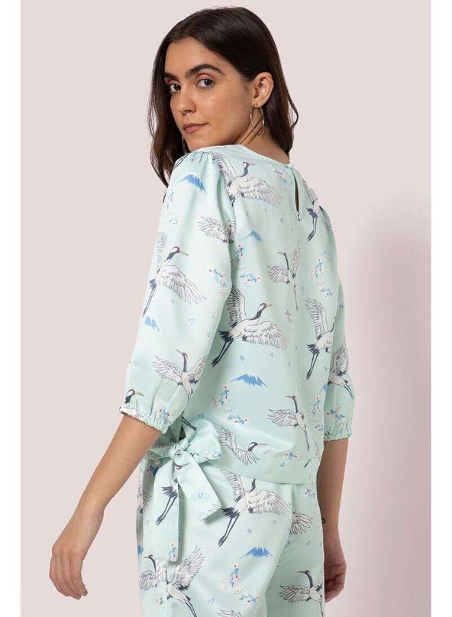 بلوايج بلوزة بأكمام طويلة مزينة بطبعة بالكامل أزرق/رمادي - Image 3