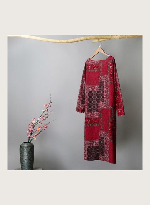 knee length dresses for ladies Red Floral Linen Dress Xs