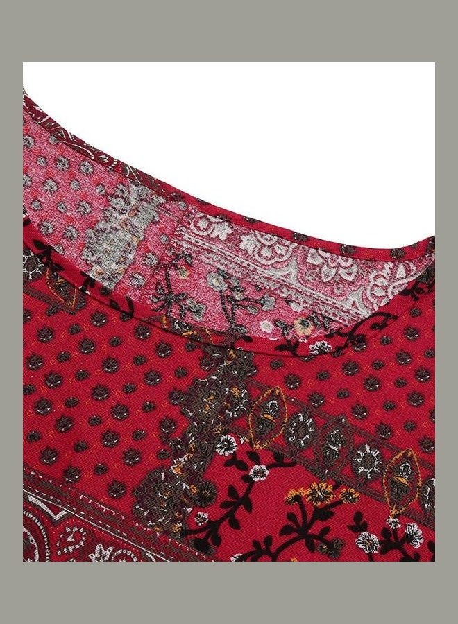 فستان كلاسيكي من الكتان برقبة على شكل حرف O أحمر / أسود / أبيض - Image 5