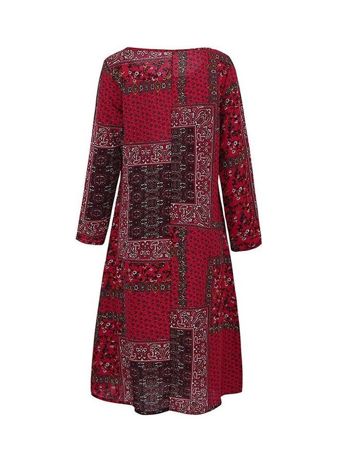 فستان كلاسيكي من الكتان برقبة على شكل حرف O أحمر / أسود / أبيض - Image 1