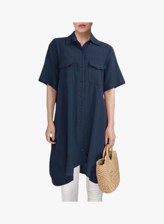 Casual Pocket Detail Shirt Style Dress Dark Blue - Image 2