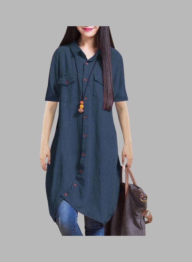 Casual Pocket Detail Shirt Style Dress Dark Blue - Image 3