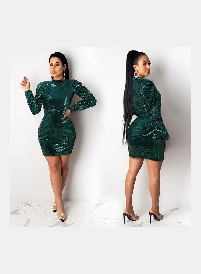 Spring Sequins Long Sleeve Zipper Bodycon Party Dress Green - Image 3