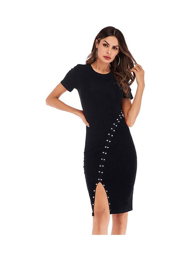 Rivet Split Casual O-Neck Dress Black - Image 1