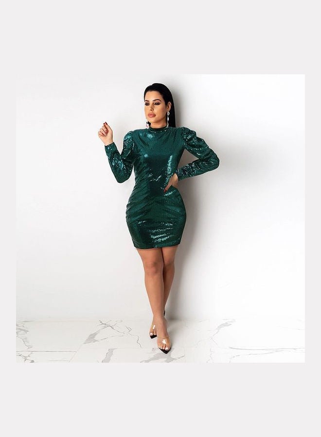 Spring Sequins Long Sleeve Zipper Bodycon Party Dress Green - Image 1
