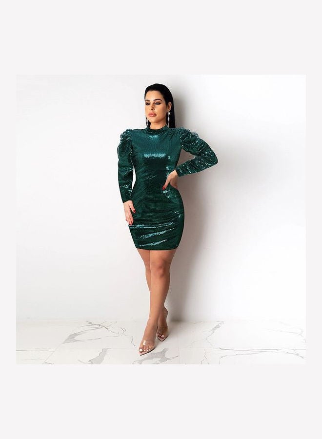 Spring Sequins Long Sleeve Zipper Bodycon Party Dress Green - Image 2