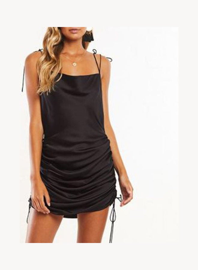 Drawstring Spaghetti Straps Backless Satin Slash Neck Dress Black - Image 1