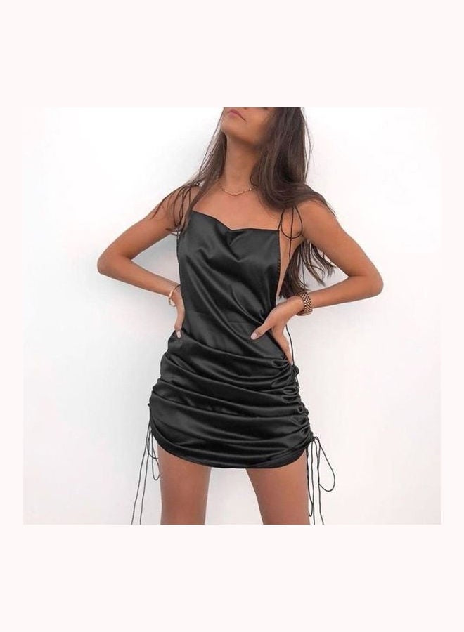 Drawstring Spaghetti Straps Backless Satin Slash Neck Dress Black - Image 3