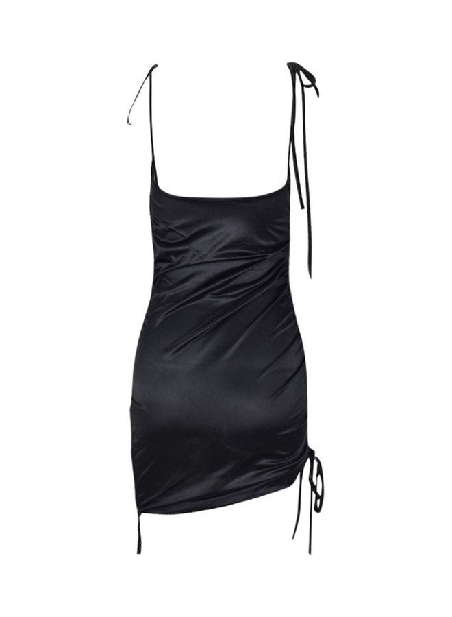 Drawstring Spaghetti Straps Backless Satin Slash Neck Dress Black - Image 4