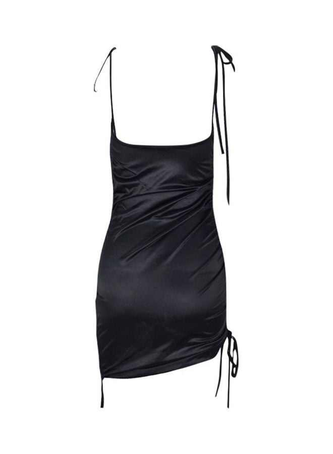 Drawstring Spaghetti Straps Backless Satin Slash Neck Dress Black - Image 5