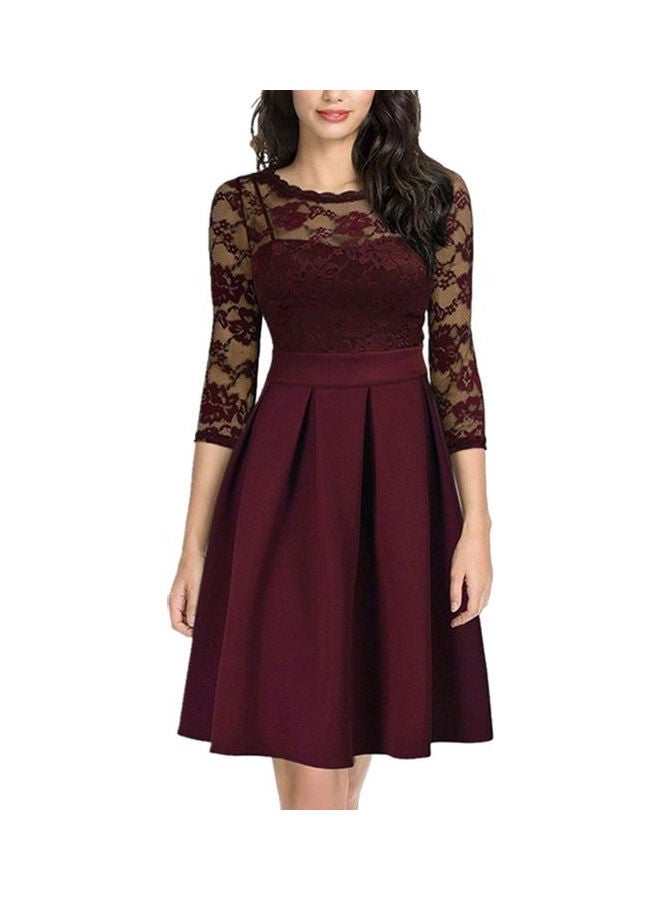 Summer Zipper Ruffle Hem Elegant Sheer Lace Panel Dress Burgundy - Image 1