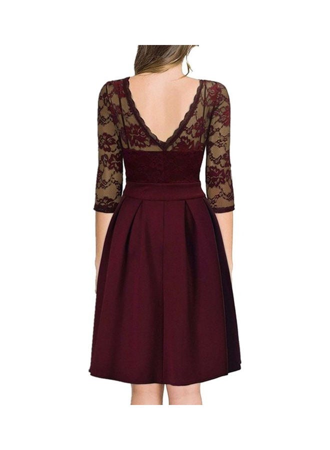 Summer Zipper Ruffle Hem Elegant Sheer Lace Panel Dress Burgundy - Image 2