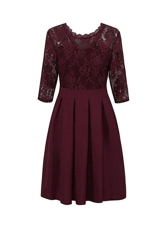 Summer Zipper Ruffle Hem Elegant Sheer Lace Panel Dress Burgundy - Image 4