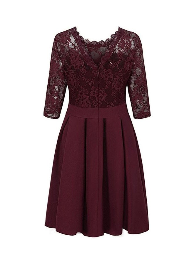 Summer Zipper Ruffle Hem Elegant Sheer Lace Panel Dress Burgundy - Image 5