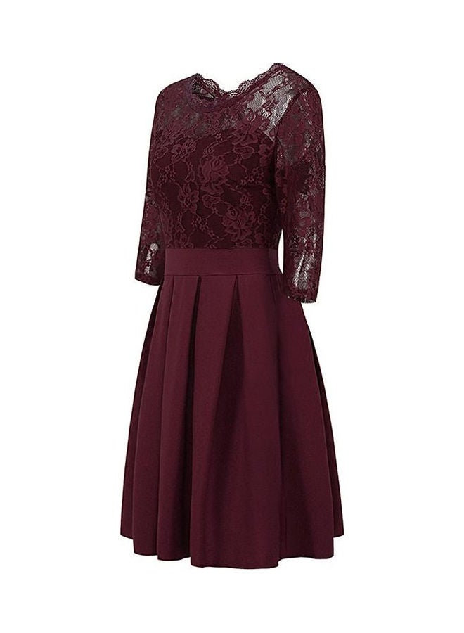 Summer Zipper Ruffle Hem Elegant Sheer Lace Panel Dress Burgundy - Image 3