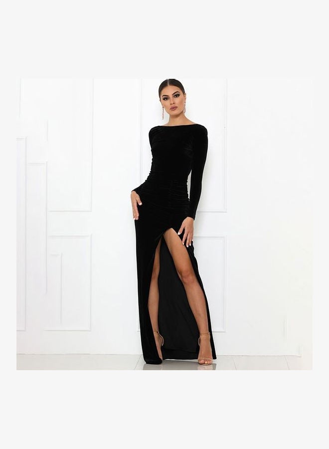 Velvet Ruched Gathering High Split Open Back Elegant Dress Black - Image 3