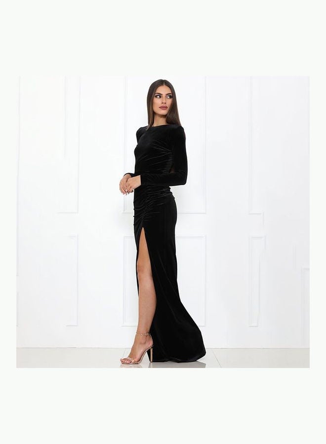Velvet Ruched Gathering High Split Open Back Elegant Dress Black - Image 2