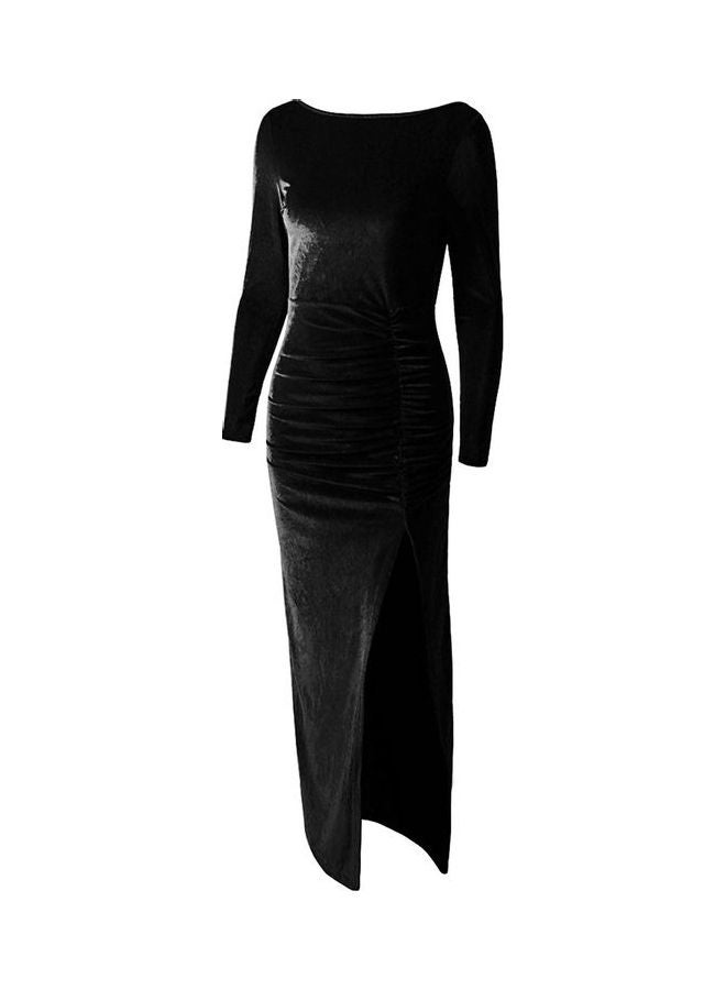 Velvet Ruched Gathering High Split Open Back Elegant Dress Black - Image 1