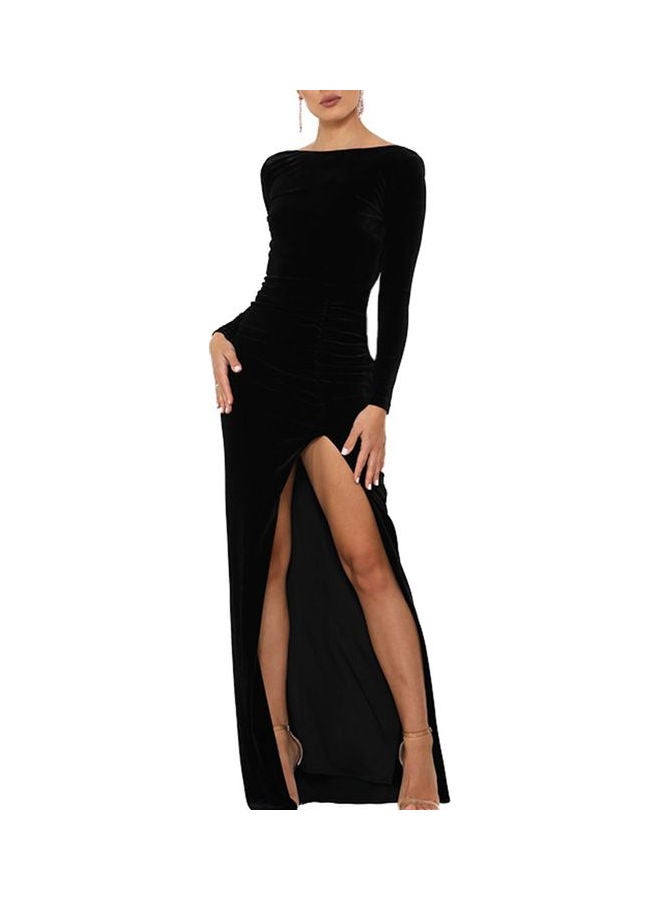 Velvet Ruched Gathering High Split Open Back Elegant Dress Black - Image 5