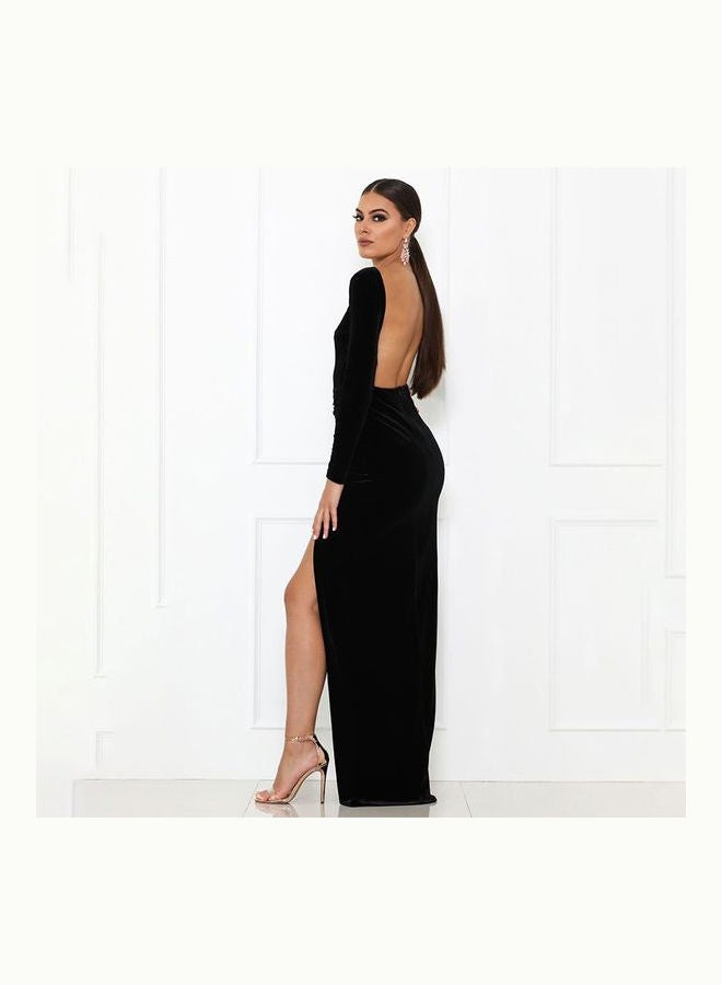 Velvet Ruched Gathering High Split Open Back Elegant Dress Black - Image 4