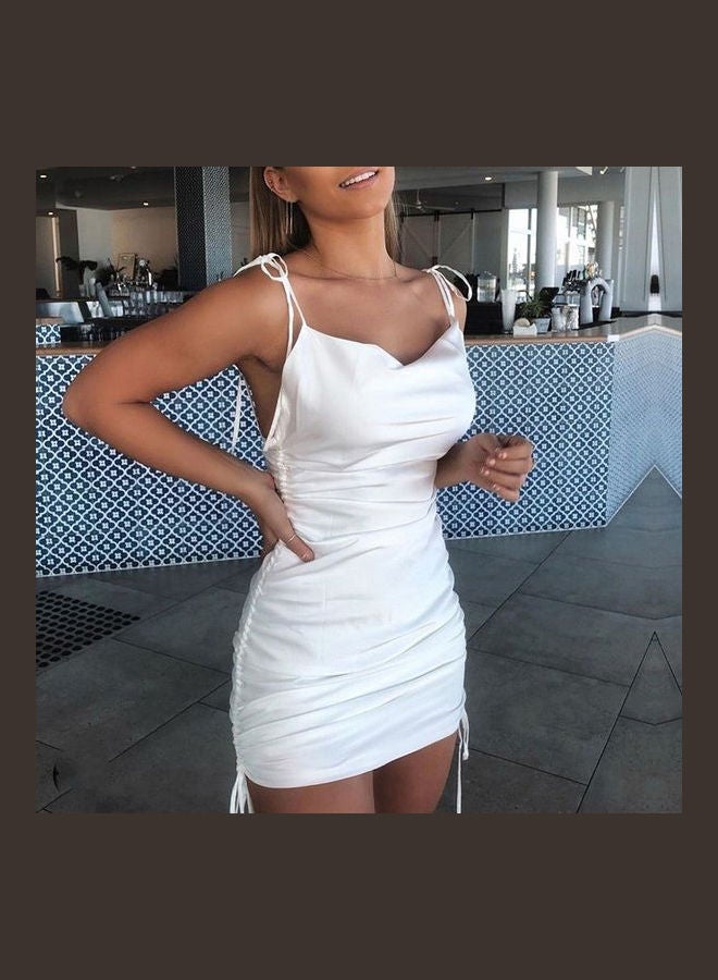 Drawstring Spaghetti Straps Backless Satin Slash Neck Dress White - Image 3