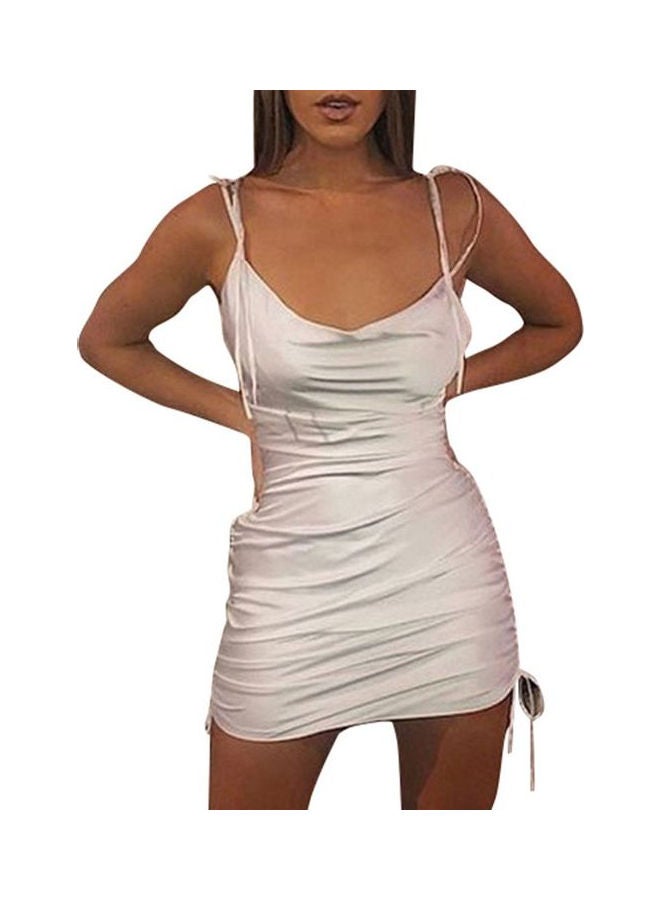 Drawstring Spaghetti Straps Backless Satin Slash Neck Dress White - Image 1