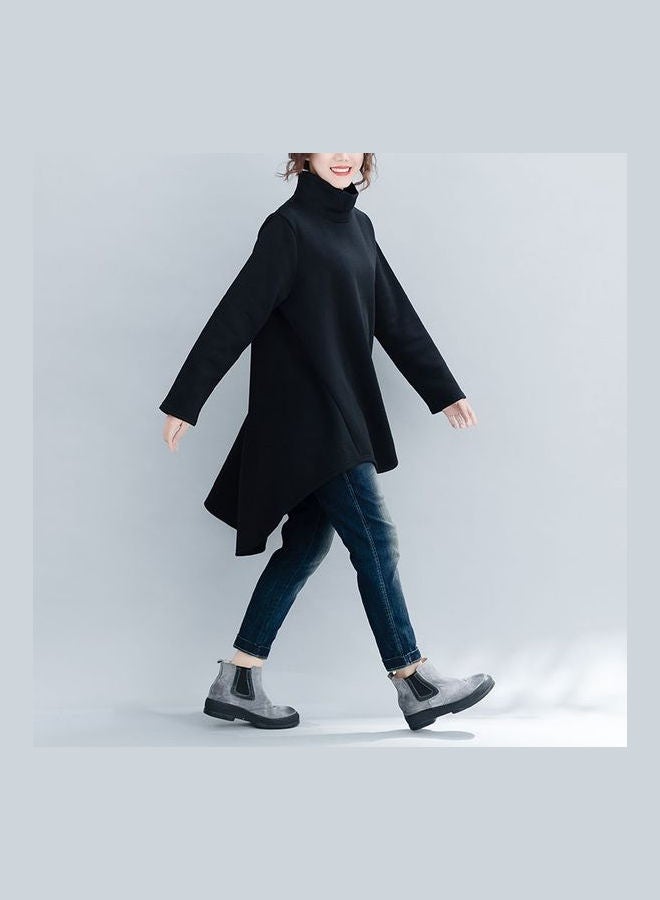 High Neck Fleece Asymmetric Loose Pullover Hoodie Sweatshirt Black  - Image 3
