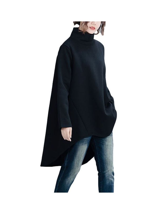 High Neck Fleece Asymmetric Loose Pullover Hoodie Sweatshirt Black  - Image 2
