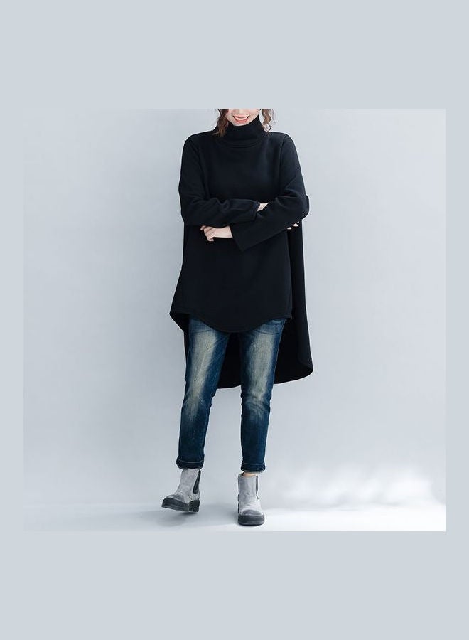 High Neck Fleece Asymmetric Loose Pullover Hoodie Sweatshirt Black  - Image 4
