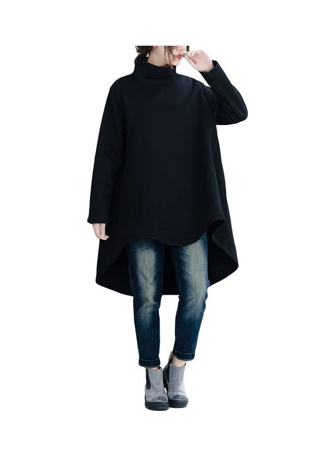High Neck Fleece Asymmetric Loose Pullover Hoodie Sweatshirt Black  - Image 1