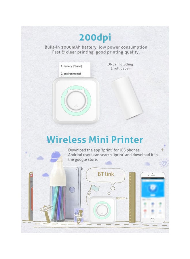 Wireless Mini Thermal Printer With Roll Paper White/Green - Image 4
