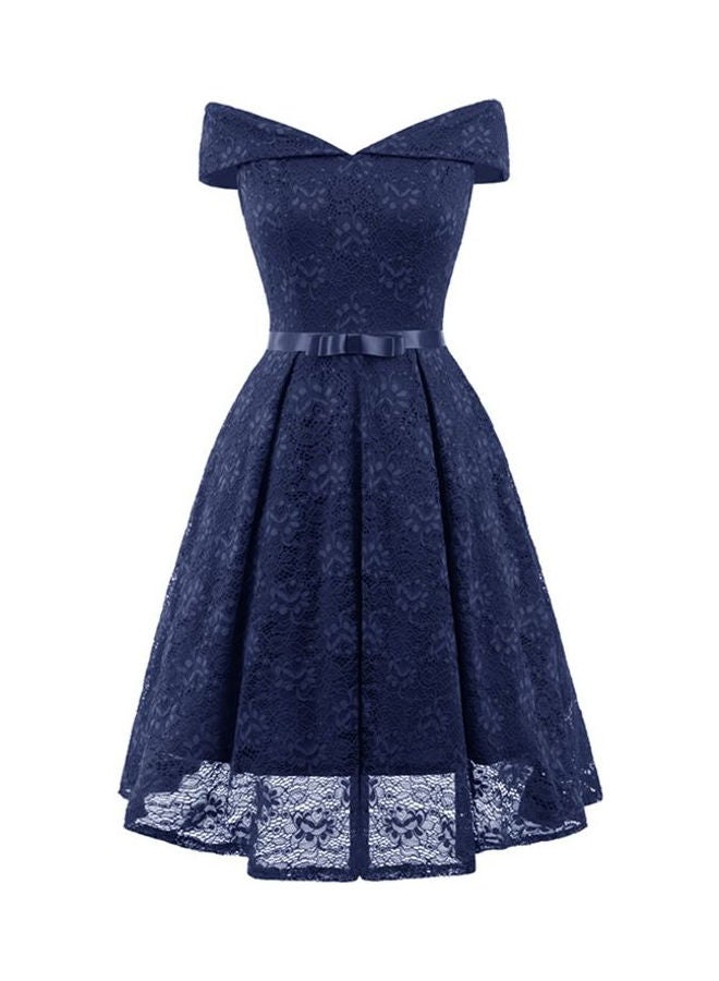 Lace Detail Off-Shoulder Skater Dress Dark Blue - Image 1