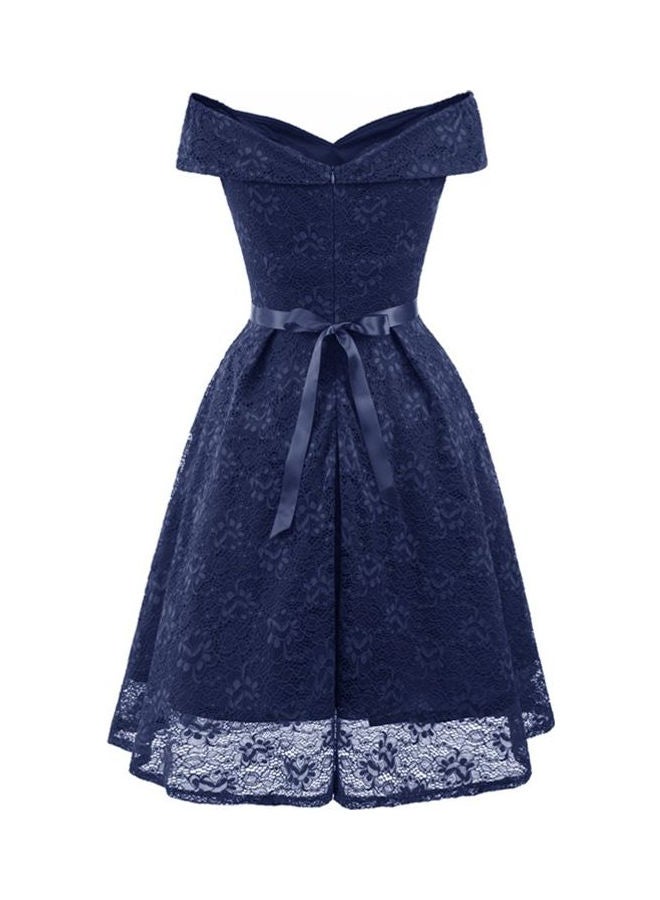 Lace Detail Off-Shoulder Skater Dress Dark Blue - Image 3