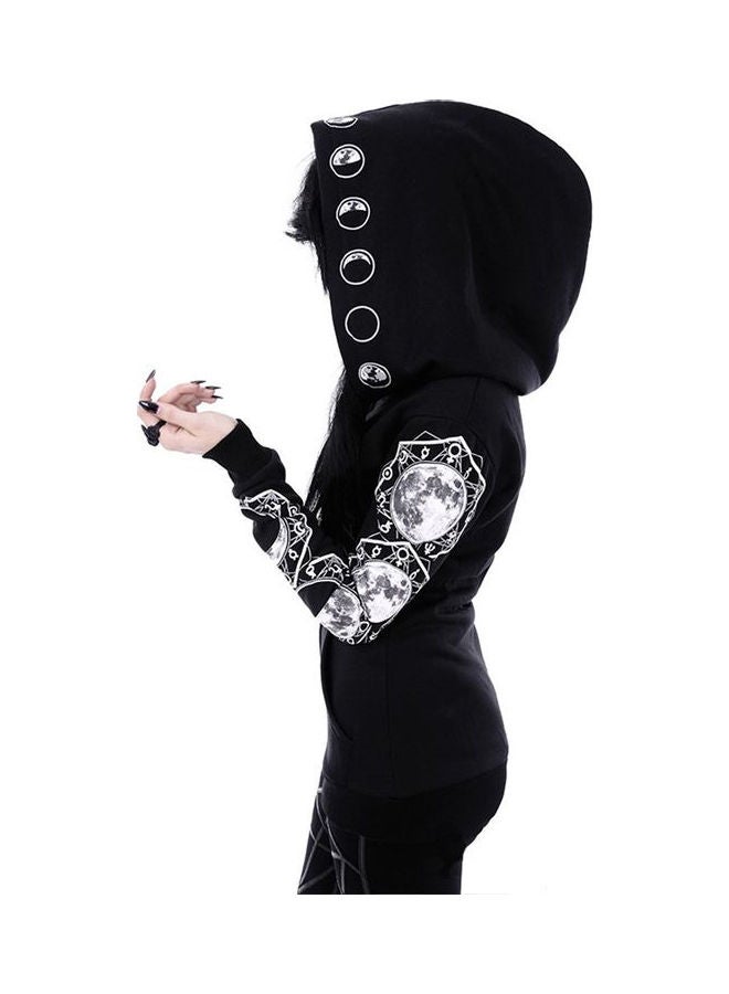 Zipper Pockets Moon Print Hoodie Black/White - Image 2