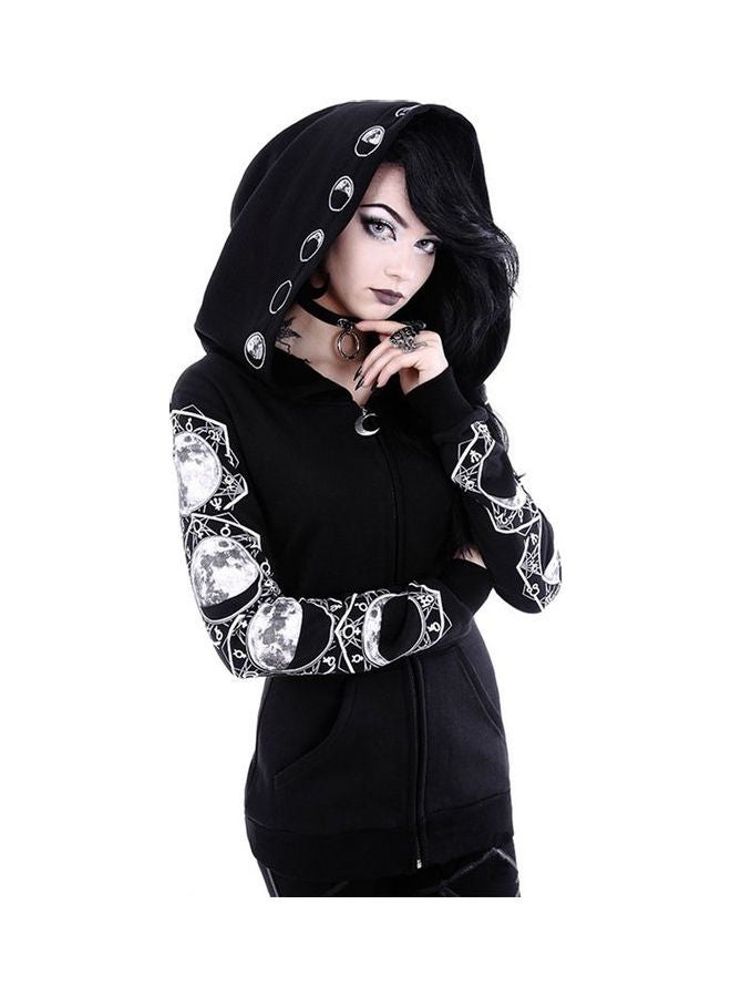 Zipper Pockets Moon Print Hoodie Black/White - Image 3