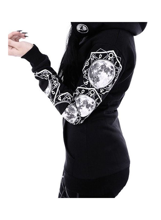 Zipper Pockets Moon Print Hoodie Black/White - Image 4