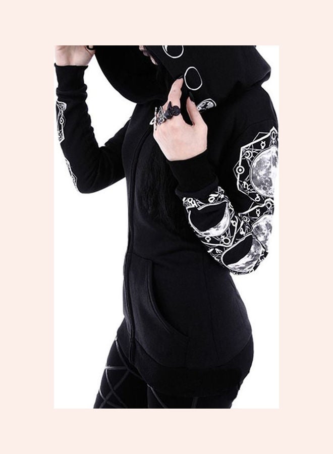 Zipper Pockets Moon Print Hoodie Black/White - Image 5