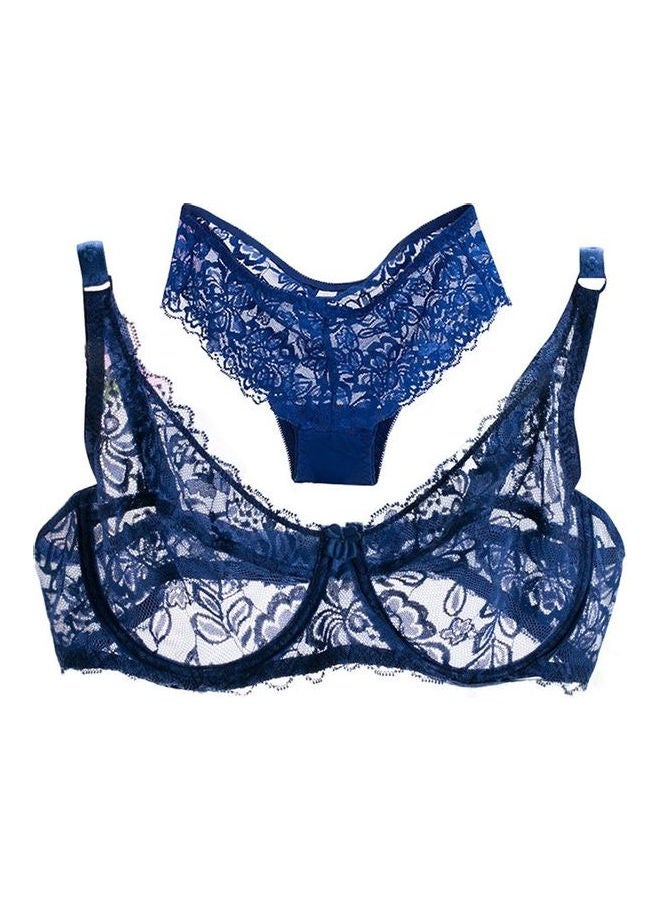 Lace Gauze Push Up Breathable Ultra-Thin Bra And Brief Set Dark Blue  - Image 1