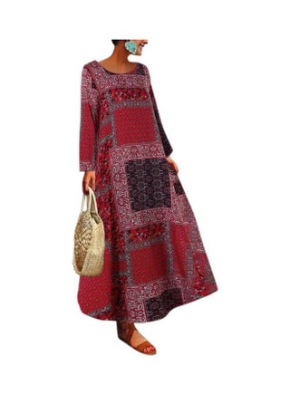 Vintage O-Neck Linen Dress Red/Black/White - v1618011307/N46379561V_4