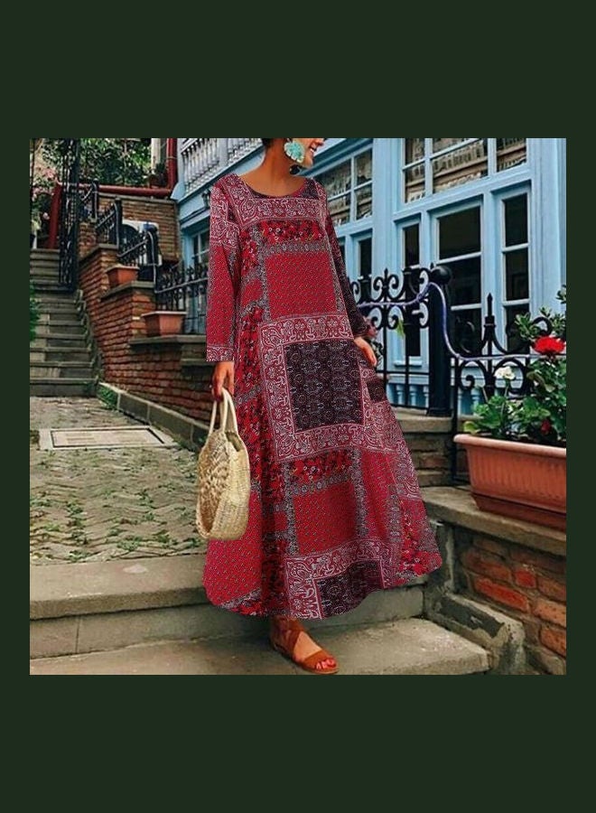 Vintage O-Neck Linen Dress Red/Black/White