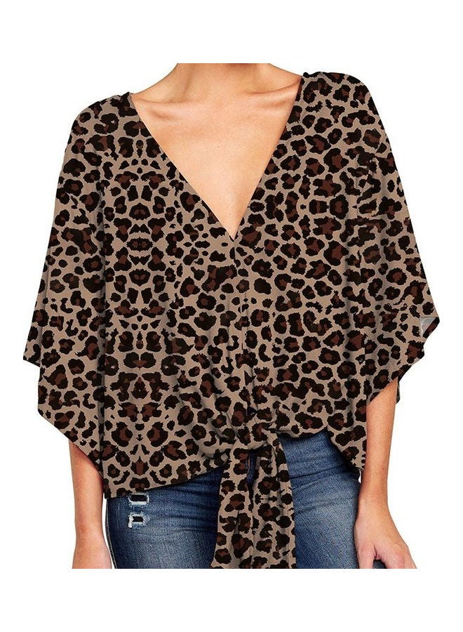 V-Neck Flared Sleeves Knoted Hem Printed Top Coffee  - Image 3