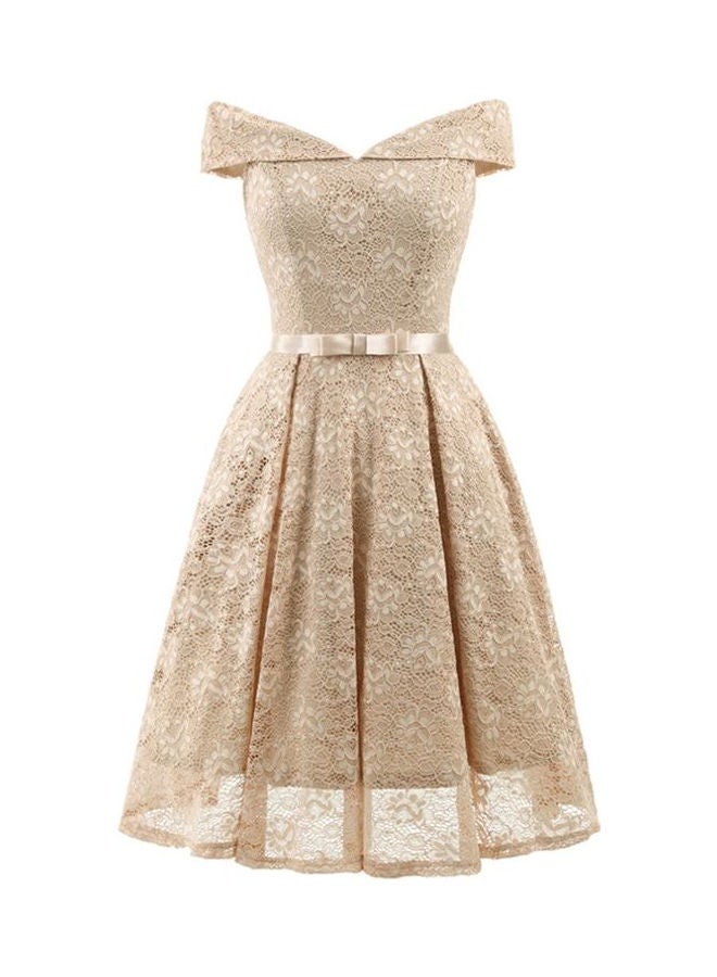 Lace Skater Dress Off The Shoulder Bow Pleated Bridesmaid Dress Beige  - Image 1