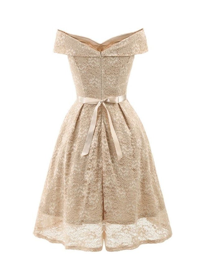 Lace Skater Dress Off The Shoulder Bow Pleated Bridesmaid Dress Beige  - Image 2