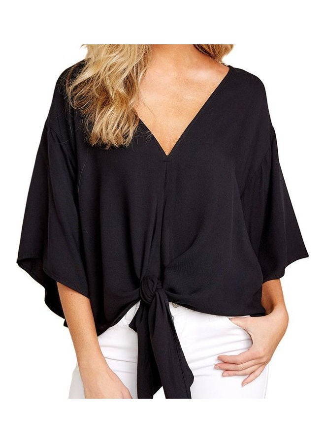 V-Neck Flared Sleeves Knoted Hem Printed Top Black  - Image 1