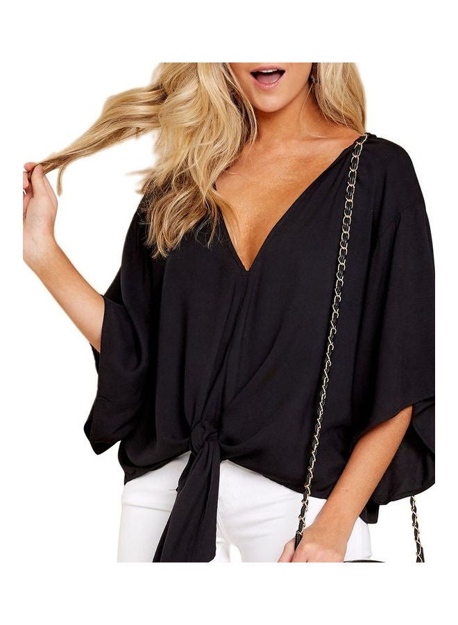 V-Neck Flared Sleeves Knoted Hem Printed Top Black  - Image 3