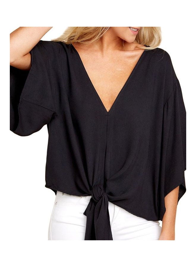 V-Neck Flared Sleeves Knoted Hem Printed Top Black  - Image 4
