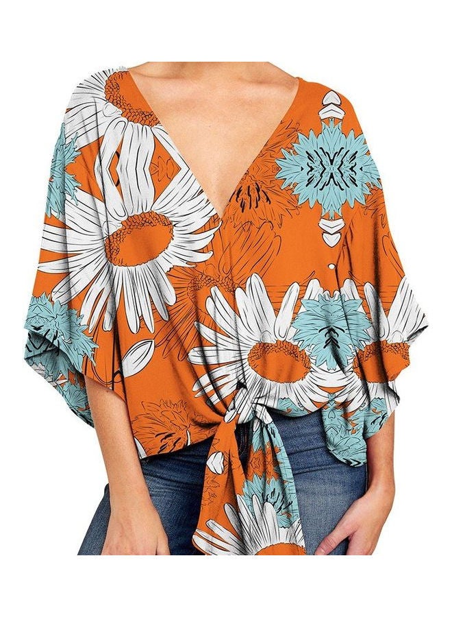 Flared V-Neck Knoted Hem Printed Top Multicolour - Image 2